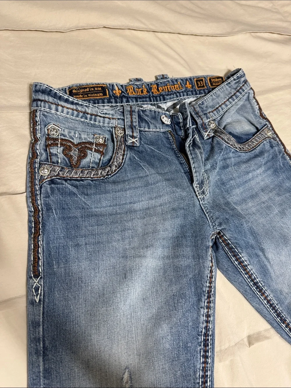 Rock Revival Light Blue Boot Cut Jeans with Brown Embroidery